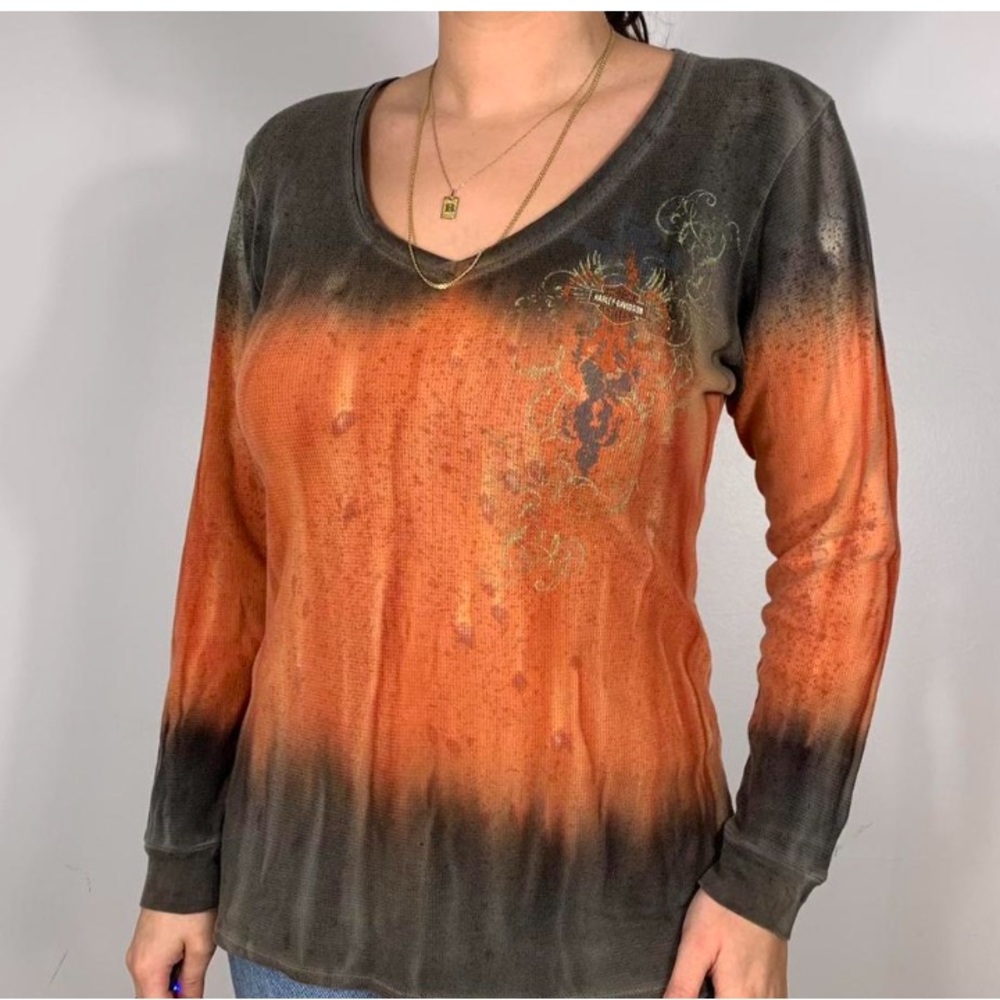HARLEY DAVIDSON VINTAGE y2k RHINESTONE NY LONG SLEEVE ORANGE DYED SHIRT